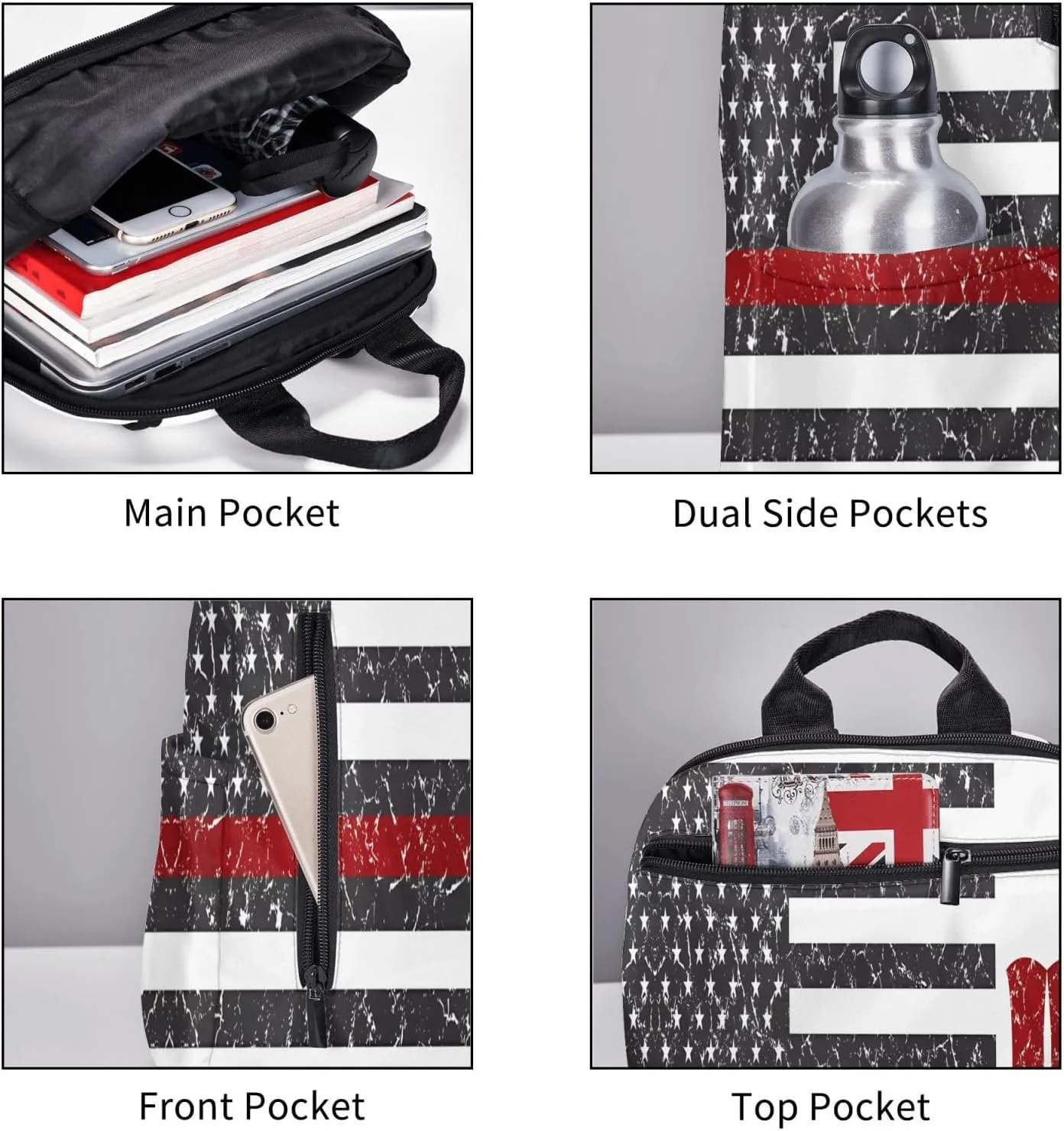 Thin Red Line Axe American Flags Patriot Firefighter Casual Backpacks Laptop Backpack Outdoor Travel Rucksack Sport Carry-On Daypack Lightweight Bag with Multi-Pockets