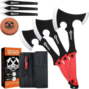Throwing Axes and Knives Set - 3 Pack, 11" Full Tang Stainless Steel Tomahawks and Throwing Knives, Whetstone Tool Sharpener, Well-Balanced for Beginners