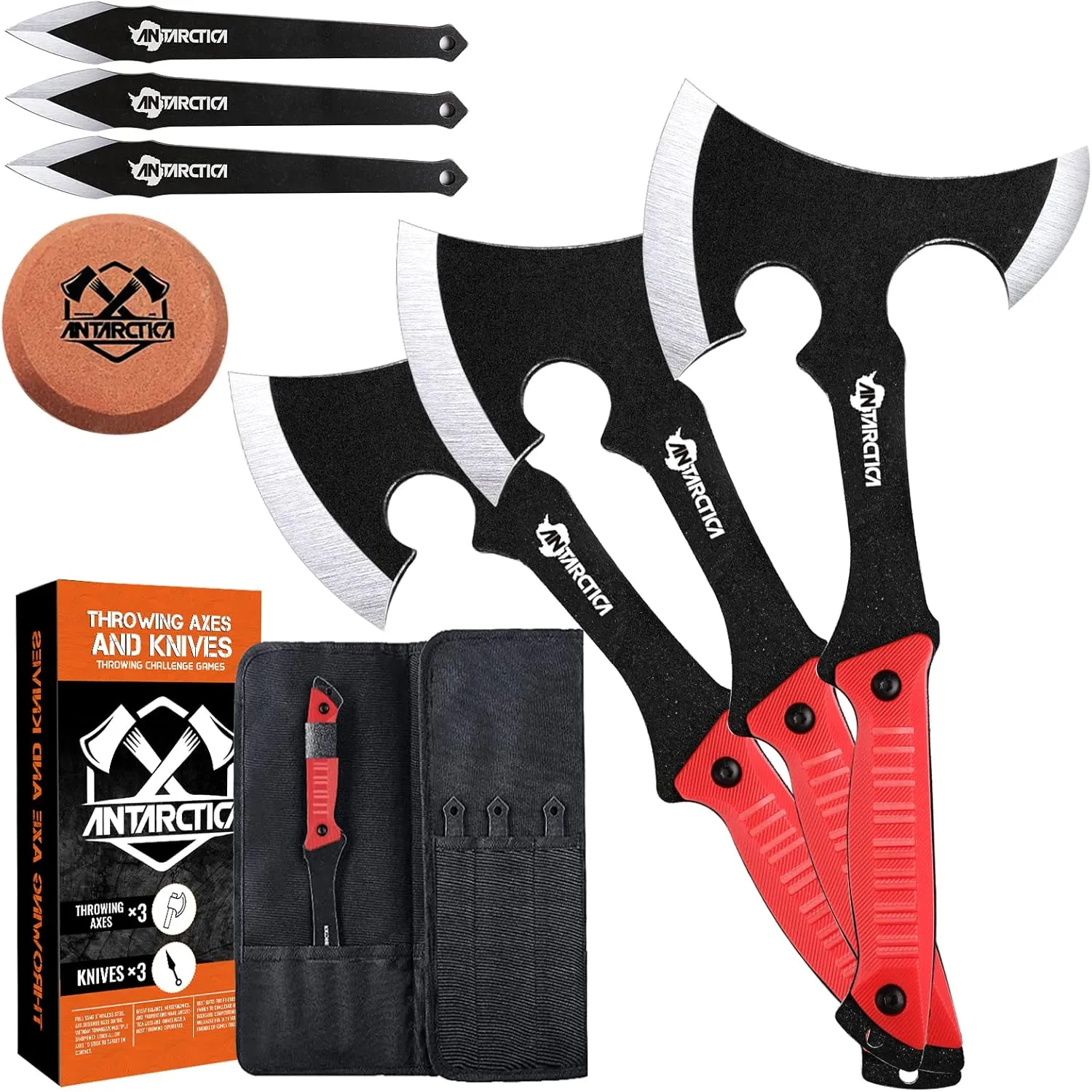 Throwing Axes and Knives Set - 3 Pack, 11" Full Tang Stainless Steel Tomahawks and Throwing Knives, Whetstone Tool Sharpener, Well-Balanced for Beginners