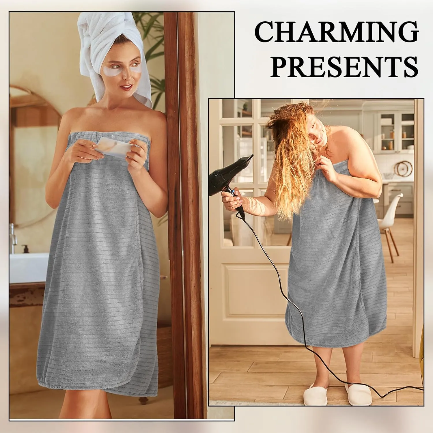 Tigeen 2 Pcs Women's Towel Wrap Lightweight Spa Robe Stripes with Adjustable Closure, Elastic Top Soft Bathrobe Spa Wrap