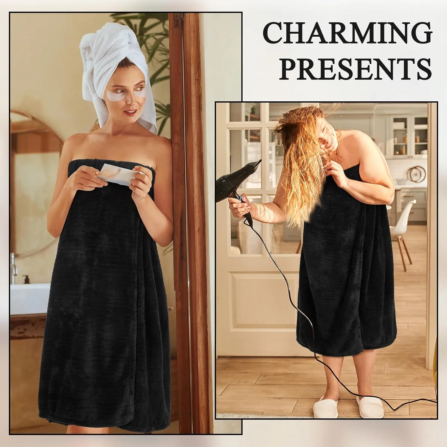Tigeen 2 Pcs Women's Towel Wrap Lightweight Spa Robe Stripes with Adjustable Closure, Elastic Top Soft Bathrobe Spa Wrap