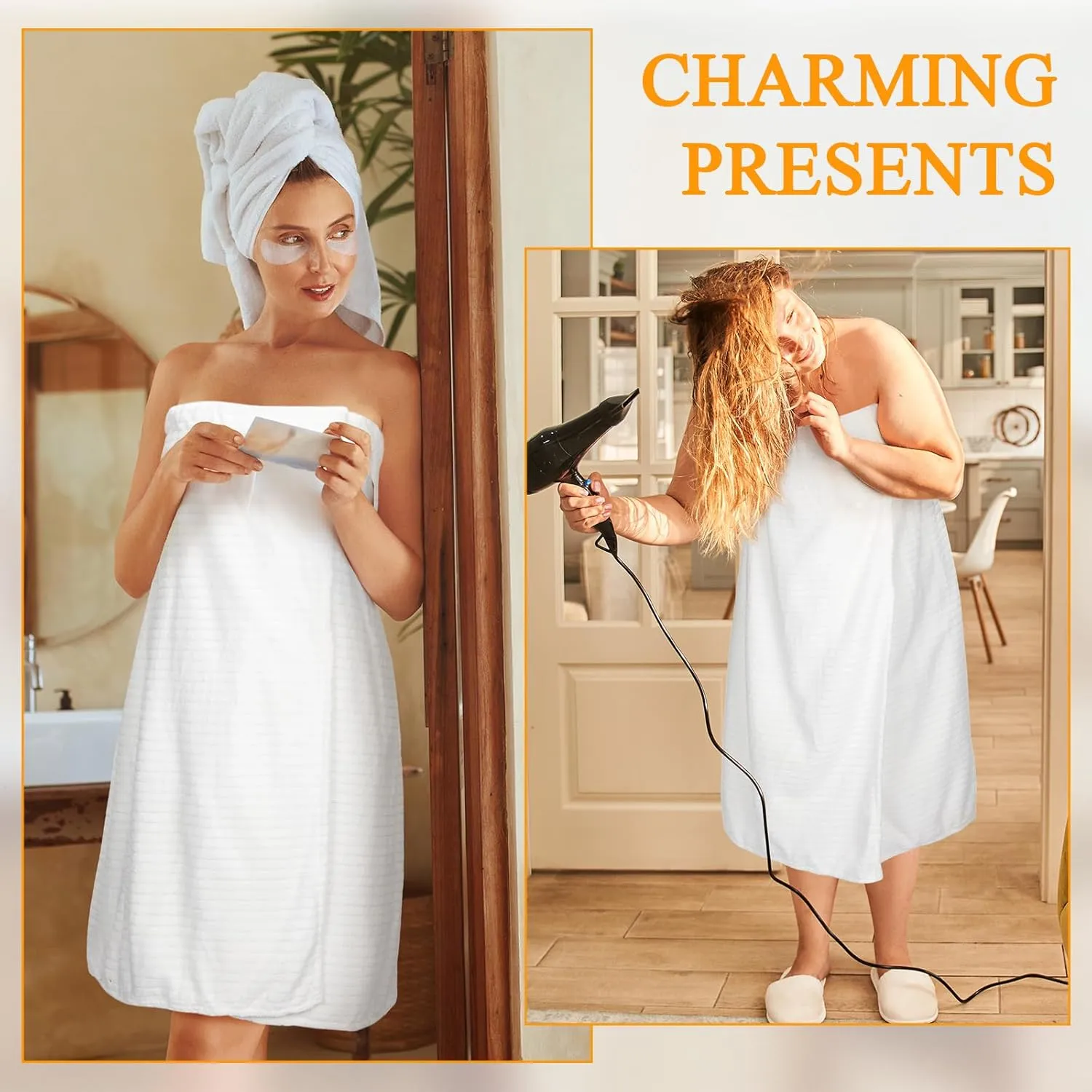 Tigeen 2 Pcs Women's Towel Wrap Lightweight Spa Robe Stripes with Adjustable Closure, Elastic Top Soft Bathrobe Spa Wrap