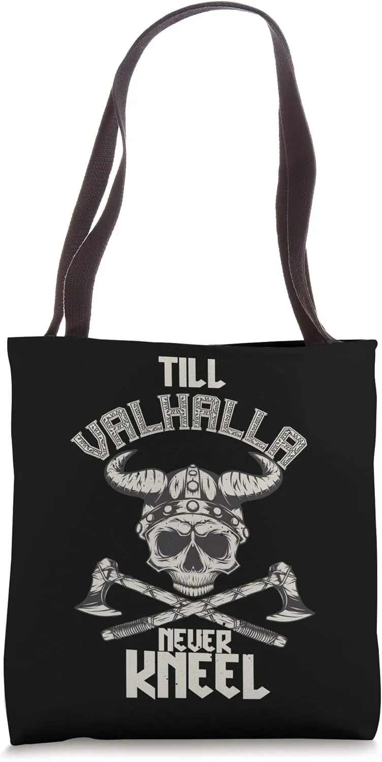 Till Valhalla Never Kneel Viking Warrior Scandinavia Runes Tote Bag