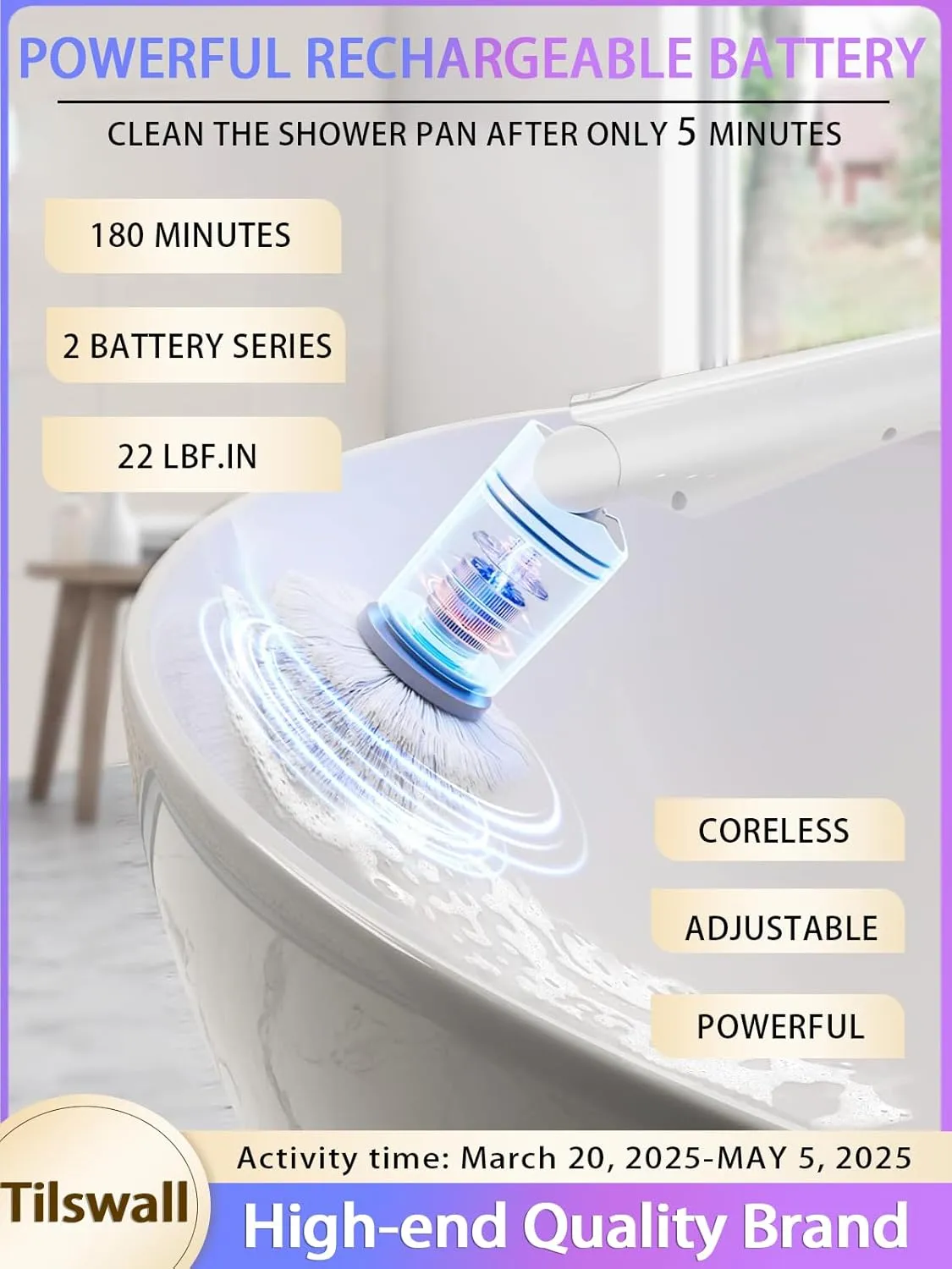 Tilswall Electric Spin Scrubber, Cordless Cleaning Brush for Home, Warming Gift, 180Mins Long Battery Life, Extendable to 43", IPX7 Waterproof Scrubber for Bathroom Window Shower Bathtub Tile Car