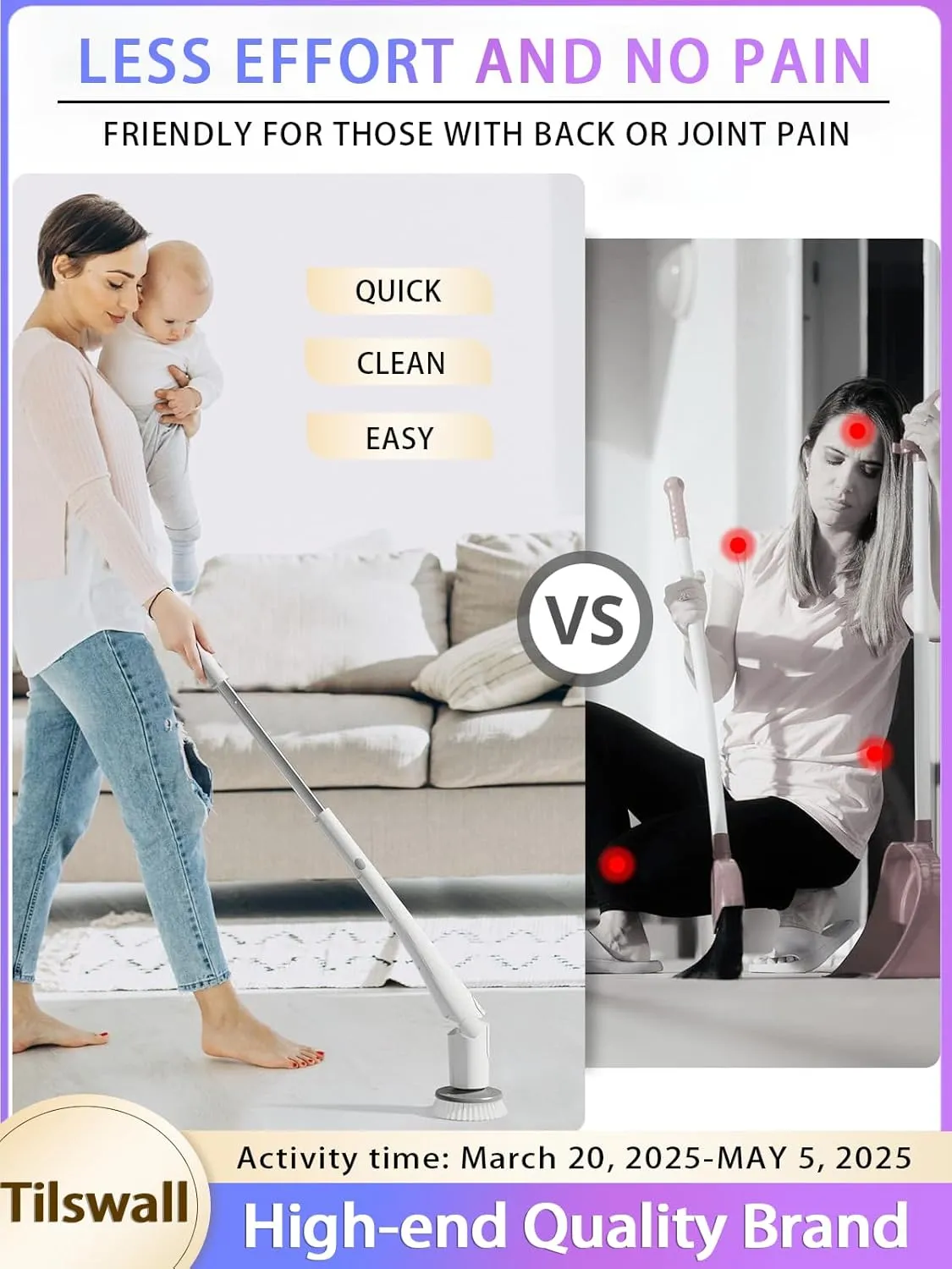 Tilswall Electric Spin Scrubber, Cordless Cleaning Brush for Home, Warming Gift, 180Mins Long Battery Life, Extendable to 43", IPX7 Waterproof Scrubber for Bathroom Window Shower Bathtub Tile Car