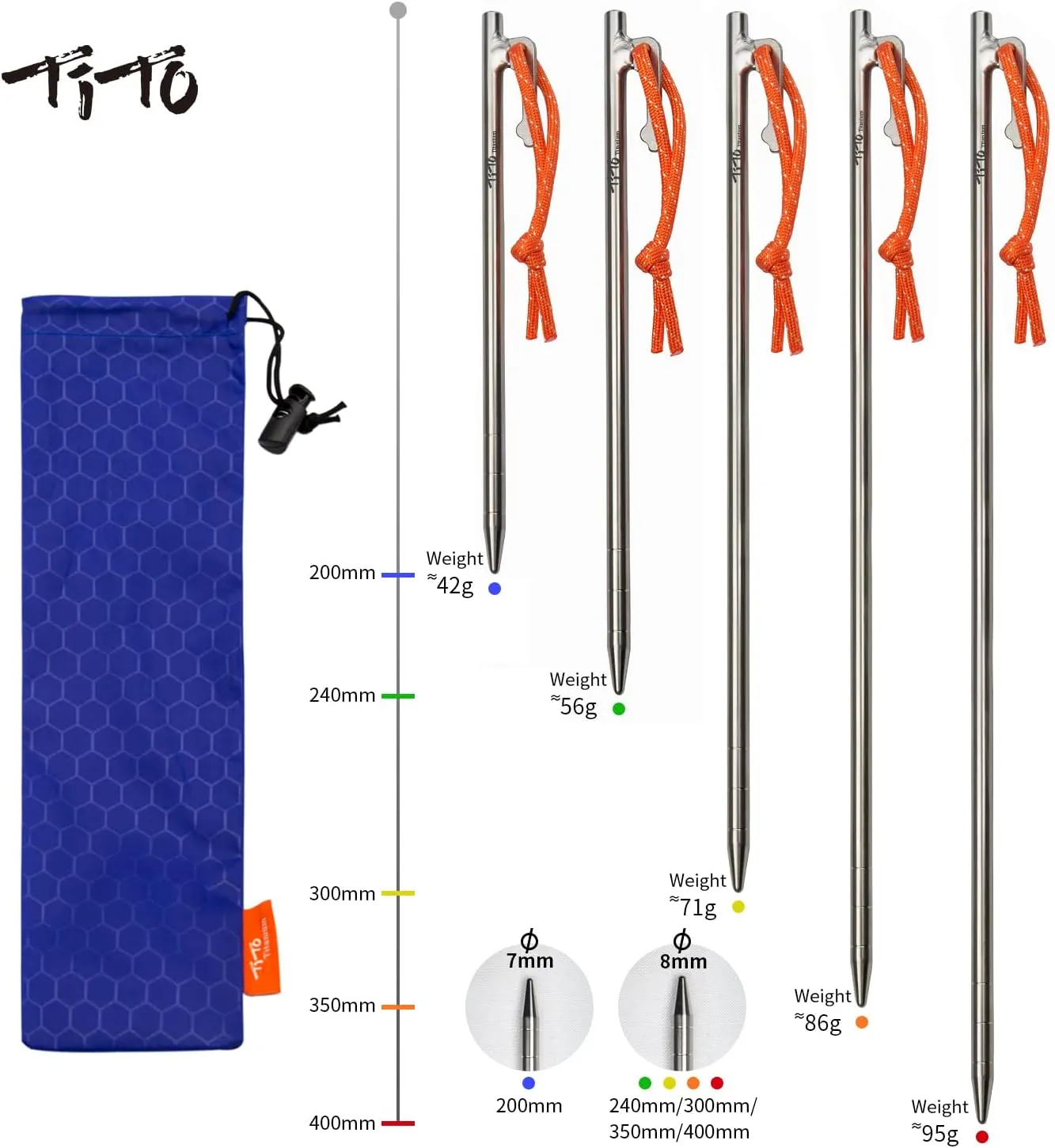 TiTo Titanium Tent Pegs Stakes Lightweight Snowfield Grassland Heavy Duty Tent Nails for Outdoor Camping Hiking and Plant Support Garden Stakes 4pcs/6pcs (8×350mm-6pcs)