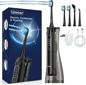 Toothbrush w Water Flosser Combo for Adults, 4-in-1 Rechargeable Toothbrushes Teeth Cleaner, 7 Modes Toothbrush & Water Flosser Portable IPX7 Waterproof Tooth flossing Cleaning for Home Travel
