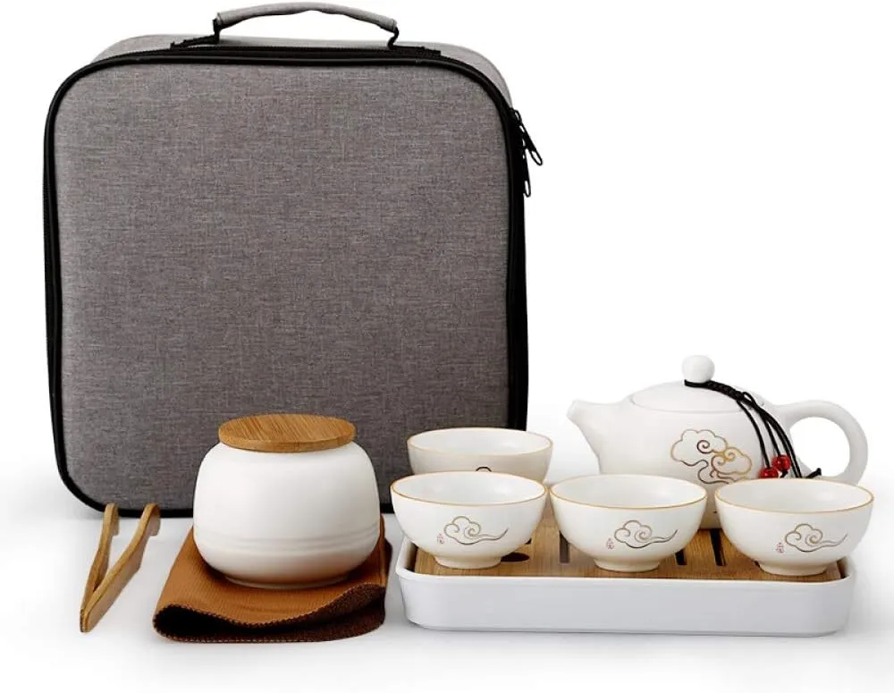 Travel Tea Set Portable Ceramic Kung Fu Tea Set Office One Pot of Four Cups Tea Tray Tea Pot Tea Clip Tea Towel Handbag Xiangyun Ruyi Set Matte White Porcelain Tea Set