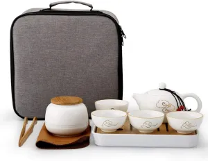 Travel Tea Set Portable Ceramic Kung Fu Tea Set Office One Pot of Four Cups Tea Tray Tea Pot Tea Clip Tea Towel Handbag Xiangyun Ruyi Set Matte White Porcelain Tea Set