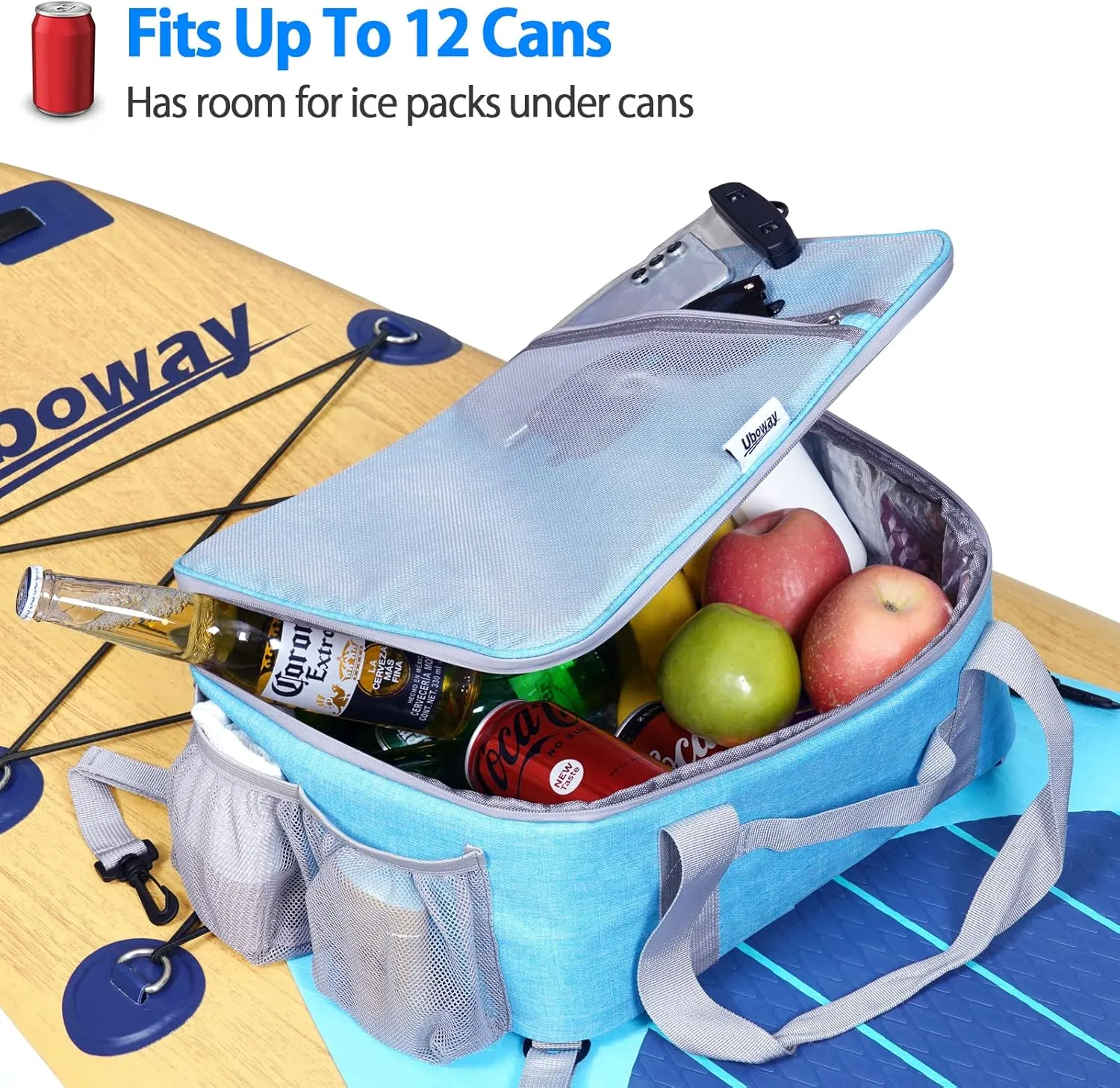 Uboway Paddle Board Accessories - Large Paddle Board Cooler with Side Pouches for Water Bottles, Waterproof SUP Cooler Deck Bag with Top Mesh Pocket, Paddle Board Cooler Bag, Insulated Kayak Cooler
