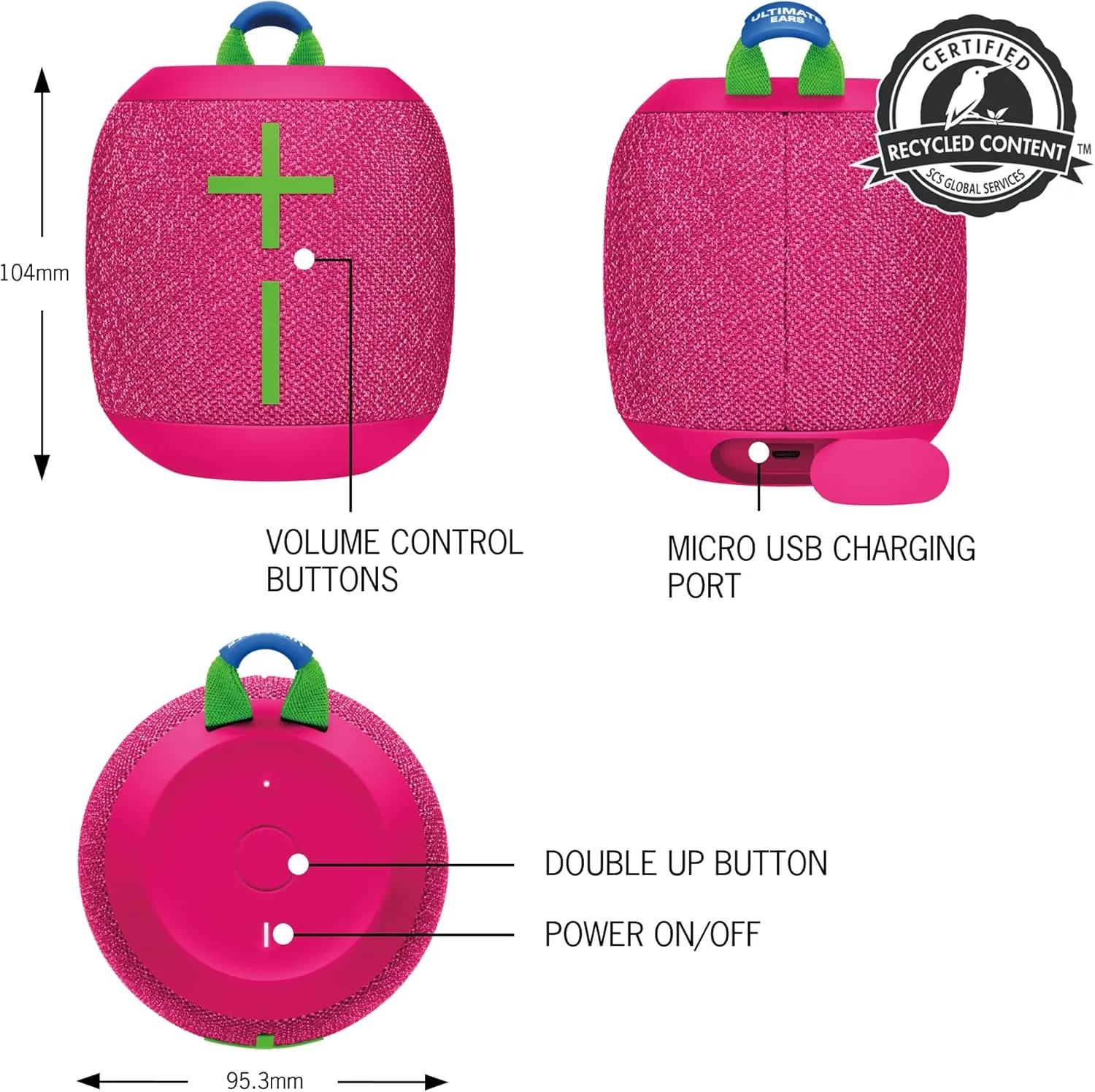 ULTIMATE EARS WONDERBOOM 3, Small Portable Wireless Bluetooth Speaker, Big Bass 360-Degree Sound for Outdoors, Waterproof, Dustproof IP67, Floatable, 131 ft Range - Hyper Pink (Renewed)