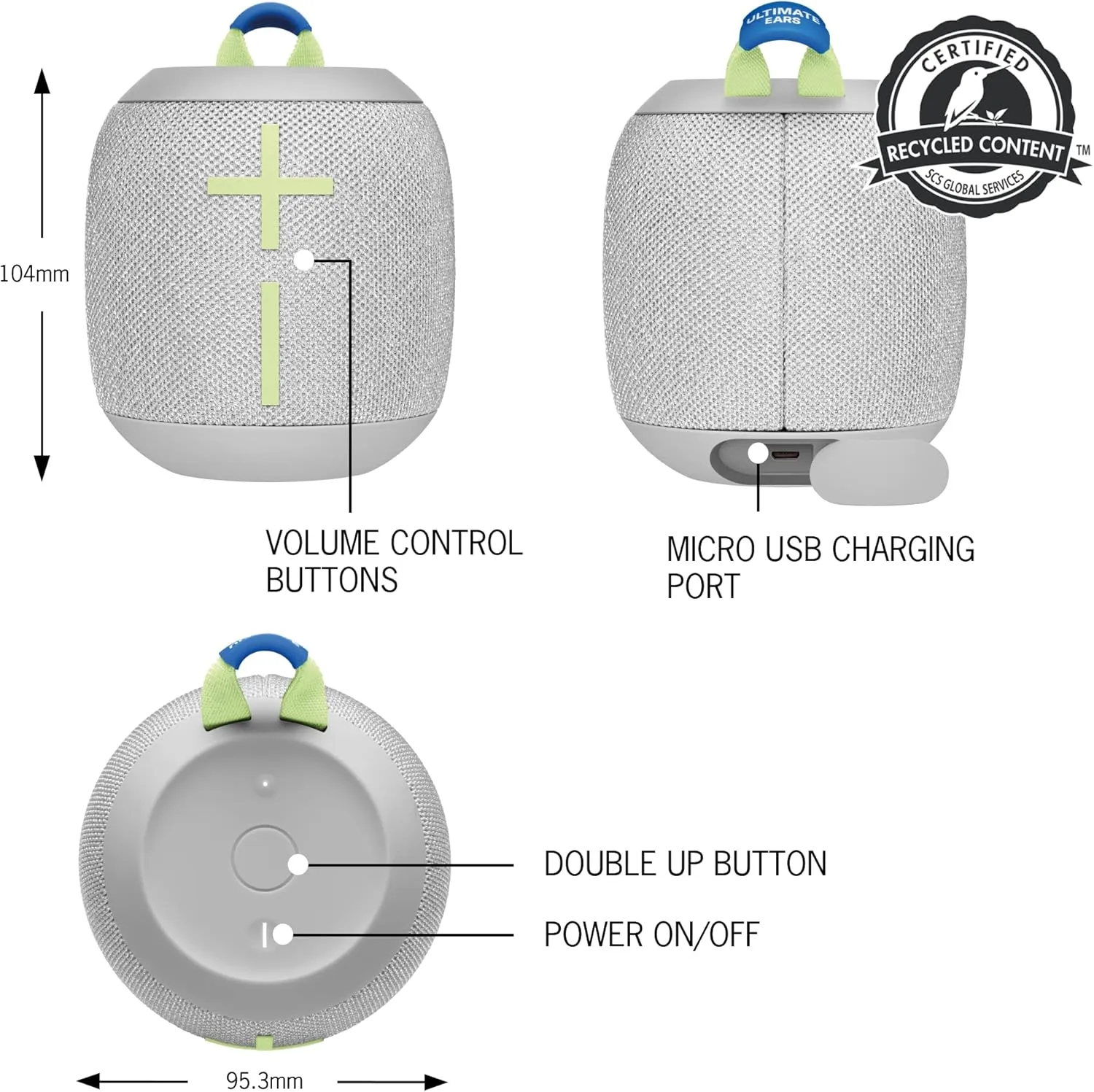 Ultimate Ears WONDERBOOM 3, Small Portable Wireless Bluetooth Speaker, Big Bass 360-Degree Sound for Outdoors, Waterproof, Dustproof IP67, Floatable, 131 ft Range - Joyous Brights Grey