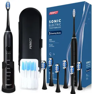 Ultrasonic Electric Toothbrush for Adults, 6 Brush Heads, 5 Modes Electric Toothbrush, Travel Rechargeable Power Toothbrush with Smart Timer & Soft Picks, IPX7 Waterproof, Black