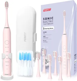 Ultrasonic Electric Toothbrush with 6 Brush Heads, 5 Modes Electric Toothbrush, Travel Rechargeable Power Toothbrush for Adults with Smart Timer &Travel Case & Soft Picks, IPX7 Waterproof, Pink