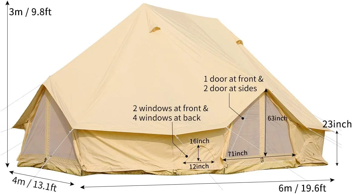 UNISTRENGH 6M Cotton Canvas Bell Tent 3 Doors Extra Large Waterproof Camper Tent with Roof Stove Hole for 8-12 People Camping Hiking Family Party