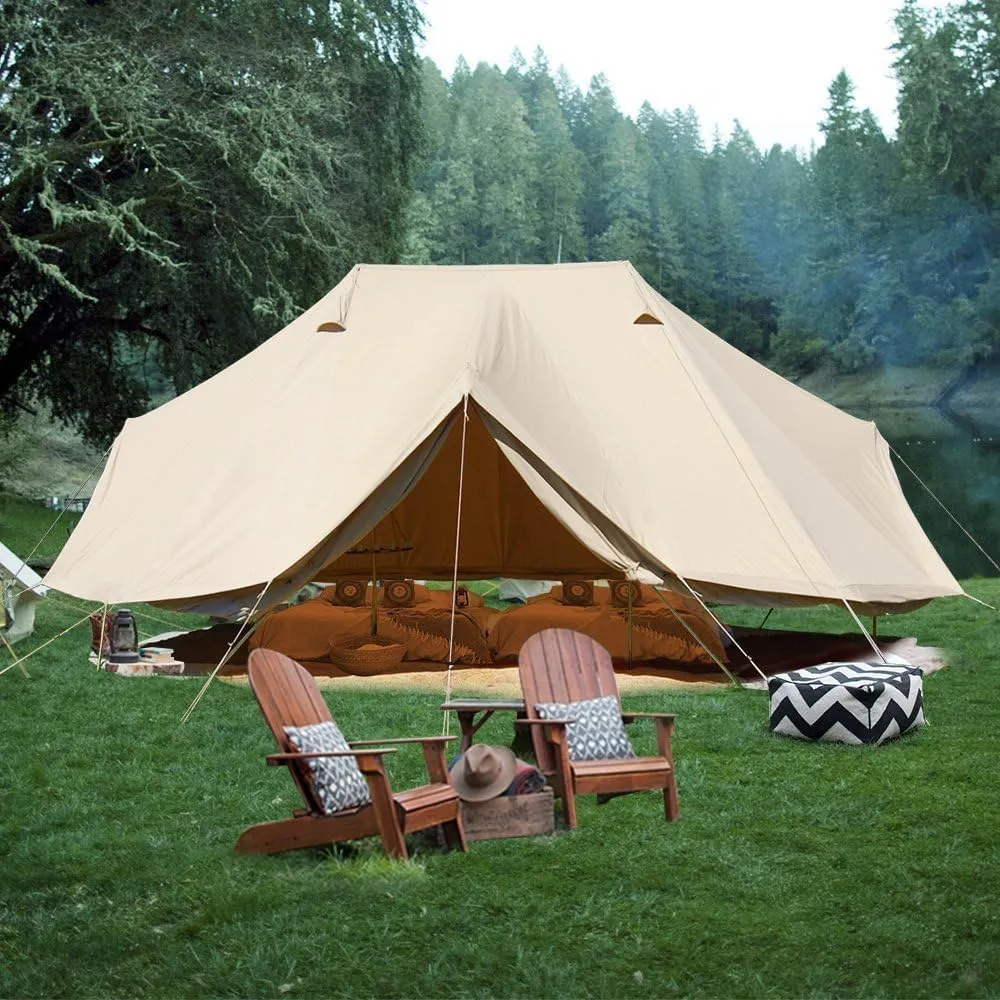 UNISTRENGH 6M Cotton Canvas Bell Tent 3 Doors Extra Large Waterproof Camper Tent with Roof Stove Hole for 8-12 People Camping Hiking Family Party