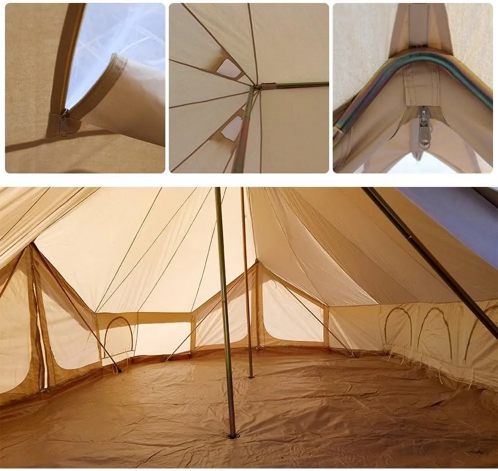 UNISTRENGH 6M Cotton Canvas Bell Tent 3 Doors Extra Large Waterproof Camper Tent with Roof Stove Hole for 8-12 People Camping Hiking Family Party