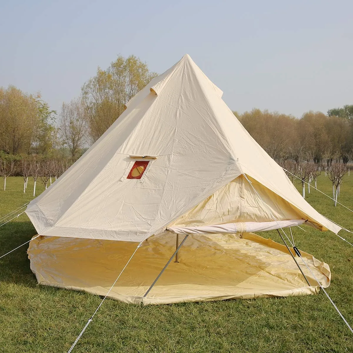 UNISTRENGH 6M Cotton Canvas Bell Tent 3 Doors Extra Large Waterproof Camper Tent with Roof Stove Hole for 8-12 People Camping Hiking Family Party