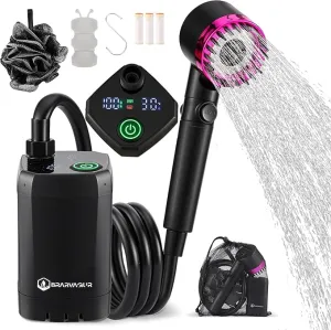 Upgrade Portable Camping Shower, 6000mAh Rechargeable Electric Shower Pump with Intelligent Digital Display Multiple Spray Modes Filtered Shower Head with Handheld for Outdoor Hiking, Travel