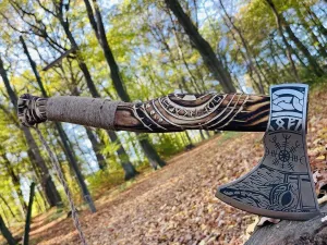 Viking Axe Handcrafted with Forged Carbon Steel Head Viking Bearded Camping Axe –Engravings, Etchings & Rosewood Handle