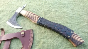 Viking Axe-Medieval Spiker Custom Hand Made High Carbon Steel Tomahawk Viking Axe Ash Wood Axe with Leather Wrap Handle with Leather Sheath R-A 017