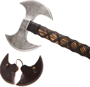 VIKING HOUSE I Camping Axe Tomahawk Viking Bearded Axe Christmas gifts-27 Long Odin's Double Edge Head Viking Axe Twin Blade Axe with Ash Wood Handle with Genuine Leather Sheath(OD-008)