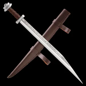 Viking Tools - Runic Long Seax Viking Seax Sword and Leather Sheath - One-Piece Carbon Steel Construction, Leather-Wrapped Handle - Length 30”