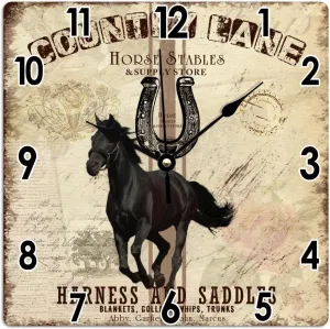 Vintage Horse Lucky Horseshoe Wall Clock French Style Retro Farm Animal Horse PVC Clock Farmhouse Wall Clocks Silent Battery Operated Clocks for Living Room Bedroom 10x10in