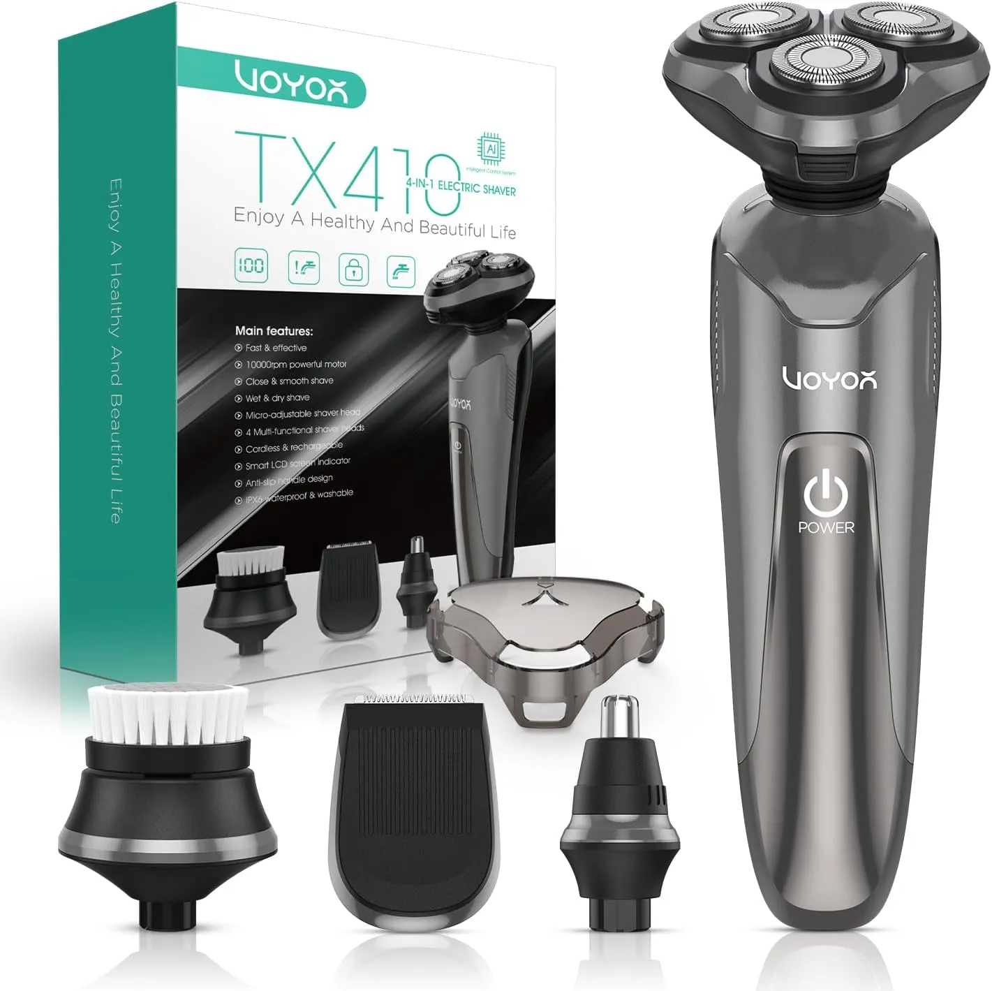 VOYOR Electric Razor for Men Cordless Shavers for Shaving with face sideburn Nose Ear Hair ​Rechargeable Wet Dry Waterproof TX410 New (New Version-Grey)
