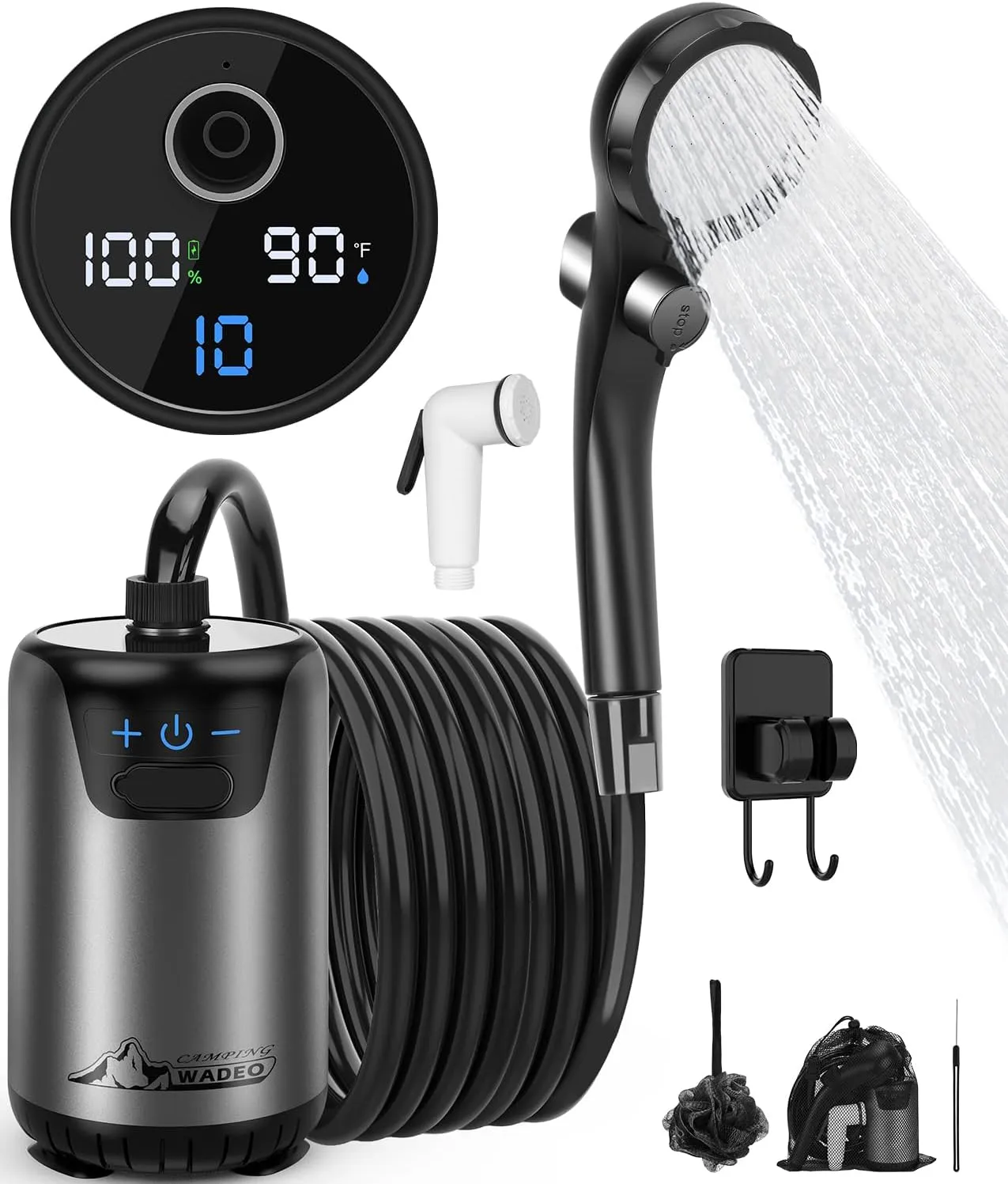 WADEO Portable Camping Shower, Upgraded Outdoor Shower with Fahrenheit Display & 6000mAh Rechargeable Battery Pump IPX7 Waterproof for Camp, Hiking, Car Washing, Pet Bath