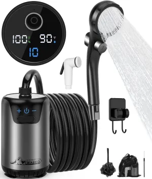 WADEO Portable Camping Shower, Upgraded Outdoor Shower with Fahrenheit Display & 6000mAh Rechargeable Battery Pump IPX7 Waterproof for Camp, Hiking, Car Washing, Pet Bath
