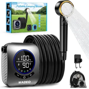 WADEO Portable Shower, 8000mAh Rechargeable Camping Shower Pump with Fahrenheit Display, 5 Spray Modes, IPX8 Waterproof, Ideal for Outdoor Camping, Travel, Car Washing, Pet Bathing
