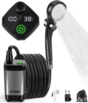 WADEO Portable Shower for Camping, 6000mAh Outdoor Electric Shower Rechargeable Pump with Intelligent Digital Display, Camping Shower Head Nozzle for Camping, Hiking, Traveling, Washing