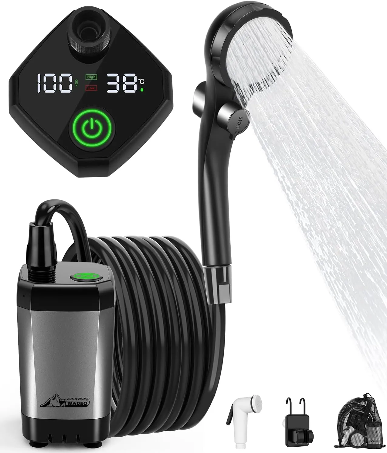 WADEO Portable Shower for Camping, 6000mAh Outdoor Electric Shower Rechargeable Pump with Intelligent Digital Display, Camping Shower Head Nozzle for Camping, Hiking, Traveling, Washing