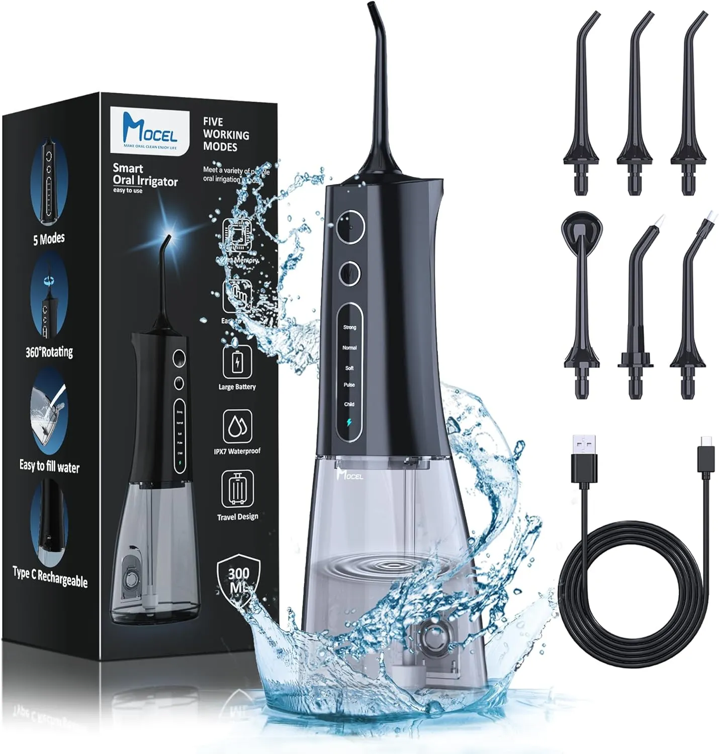 Water Dental Flosser Cordless Teeth Cleaning MOCEL 5 Modes Oral Irrigator 300ML Portable and USB C Cable Rechargeable IPX7 Waterproof Floss Teeth Pick Irrigation Cleaner for Home Travel (Black)