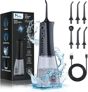 Water Dental Flosser Cordless Teeth Cleaning MOCEL 5 Modes Oral Irrigator 300ML Portable and USB C Cable Rechargeable IPX7 Waterproof Floss Teeth Pick Irrigation Cleaner for Home Travel (Black)