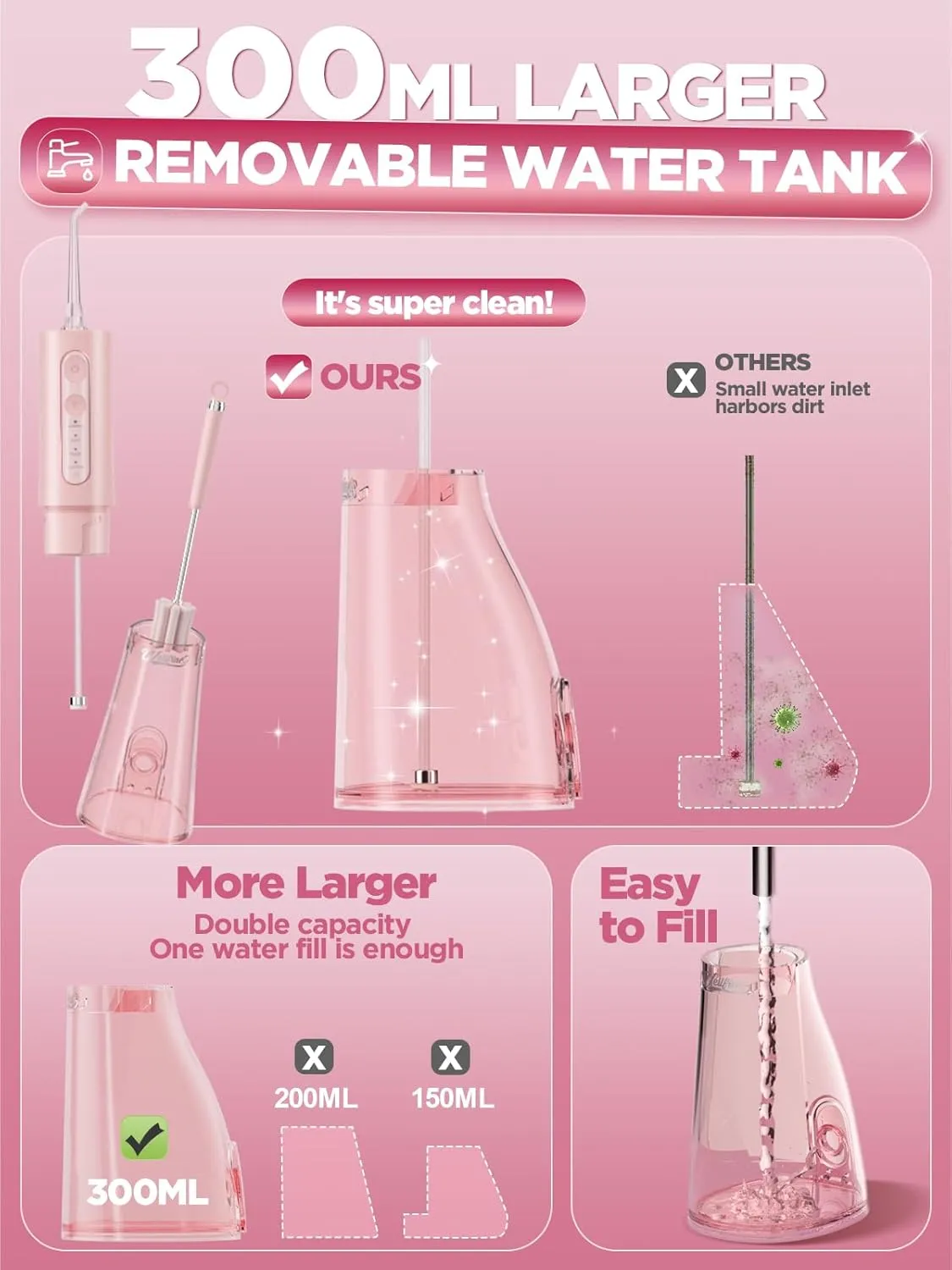Water Dental Flosser Teeth Pick: Portable Cordless 4 Modes Flossers Pic 300ML Rechargeable Floss Pik Powerful IPX7 Waterproof Oral Irrigator for Cleaning Gum Care Braces for Home Travel (02_Pink)