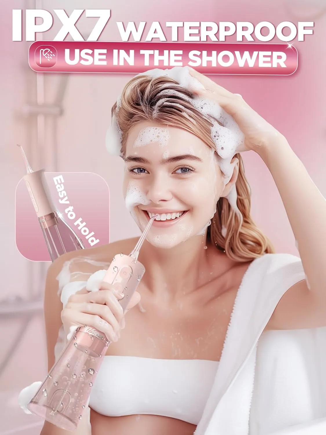 Water Dental Flosser Teeth Pick: Portable Cordless 4 Modes Flossers Pic 300ML Rechargeable Floss Pik Powerful IPX7 Waterproof Oral Irrigator for Cleaning Gum Care Braces for Home Travel (02_Pink)