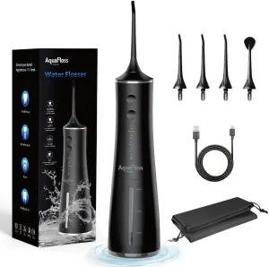 Water Dental Flosser Teeth Pick Portable Cordless Oral Irrigator 300ml Water Tank Rechargeable Travel Teeth Cleaner IPX7 Waterproof Electric Water Flosser BV609 (Black)