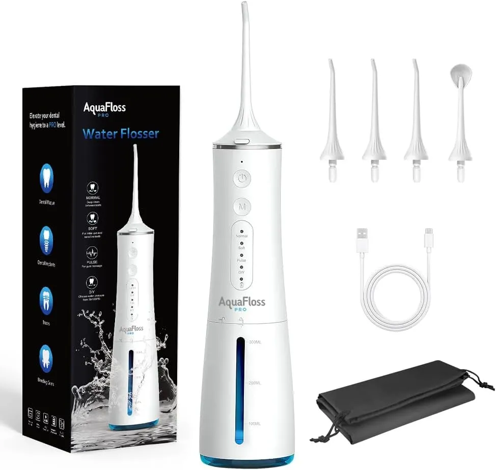 Water Dental Flosser Teeth Pick Portable Cordless Oral Irrigator 300ml Water Tank Rechargeable Travel Teeth Cleaner IPX7 Waterproof Electric Water Flosser BV609 (White)
