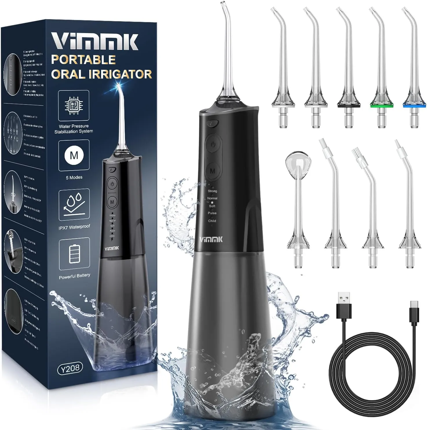 Water Flosser, Cordless Water Dental Flosser, 9 Jet Tips 5 Modes 300ML IPX7 Waterproof, Portable Rechargeable Oral Irrigator for Home Travel - Gums, Orthodontic, Braces Care - Black