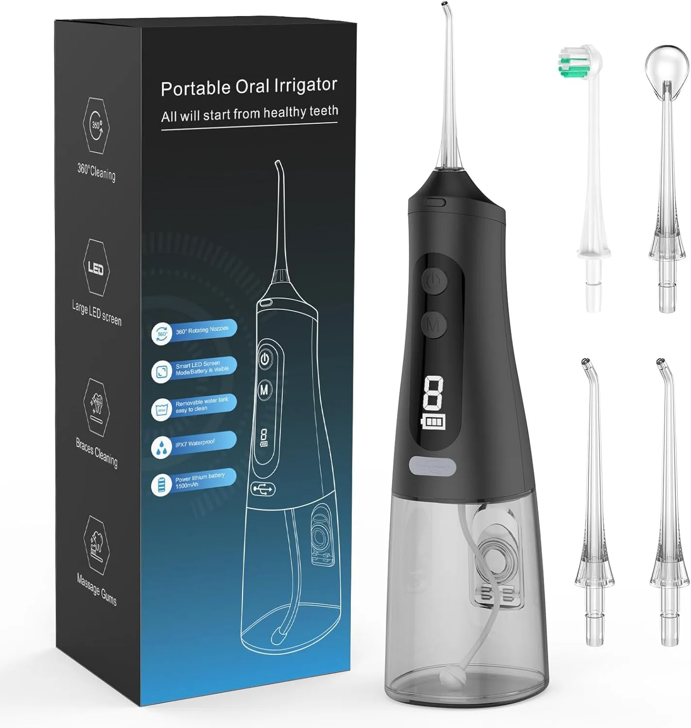 Water Flosser for Teeth Cleaning 9 Modes Rechargeable Oral Irrigator 4 Tips Powerful Battery Life Water Dental Picks IPX7 Waterproof 350ML Water Tank for Home & Travel (Black)