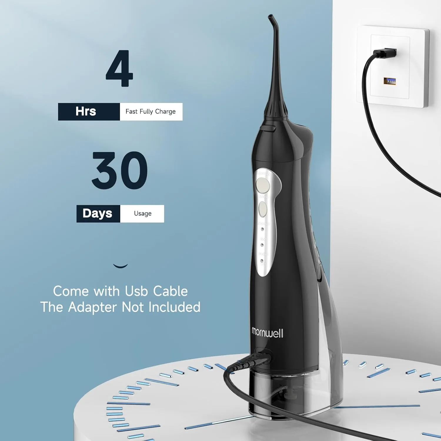 Water Flosser, Mornwell Water Flossers for Teeth - 330ML Tank USB Rechargeable Dental Flosser, IPX7 Waterproof 3 Modes & 4 Jet Tips Portable Dental Oral Irrigator,Professional Water Flosser
