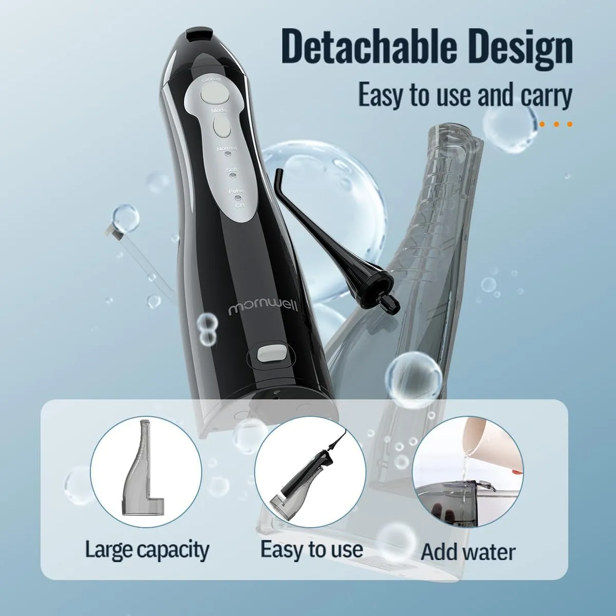 Water Flosser, Mornwell Water Flossers for Teeth - 330ML Tank USB Rechargeable Dental Flosser, IPX7 Waterproof 3 Modes & 4 Jet Tips Portable Dental Oral Irrigator,Professional Water Flosser