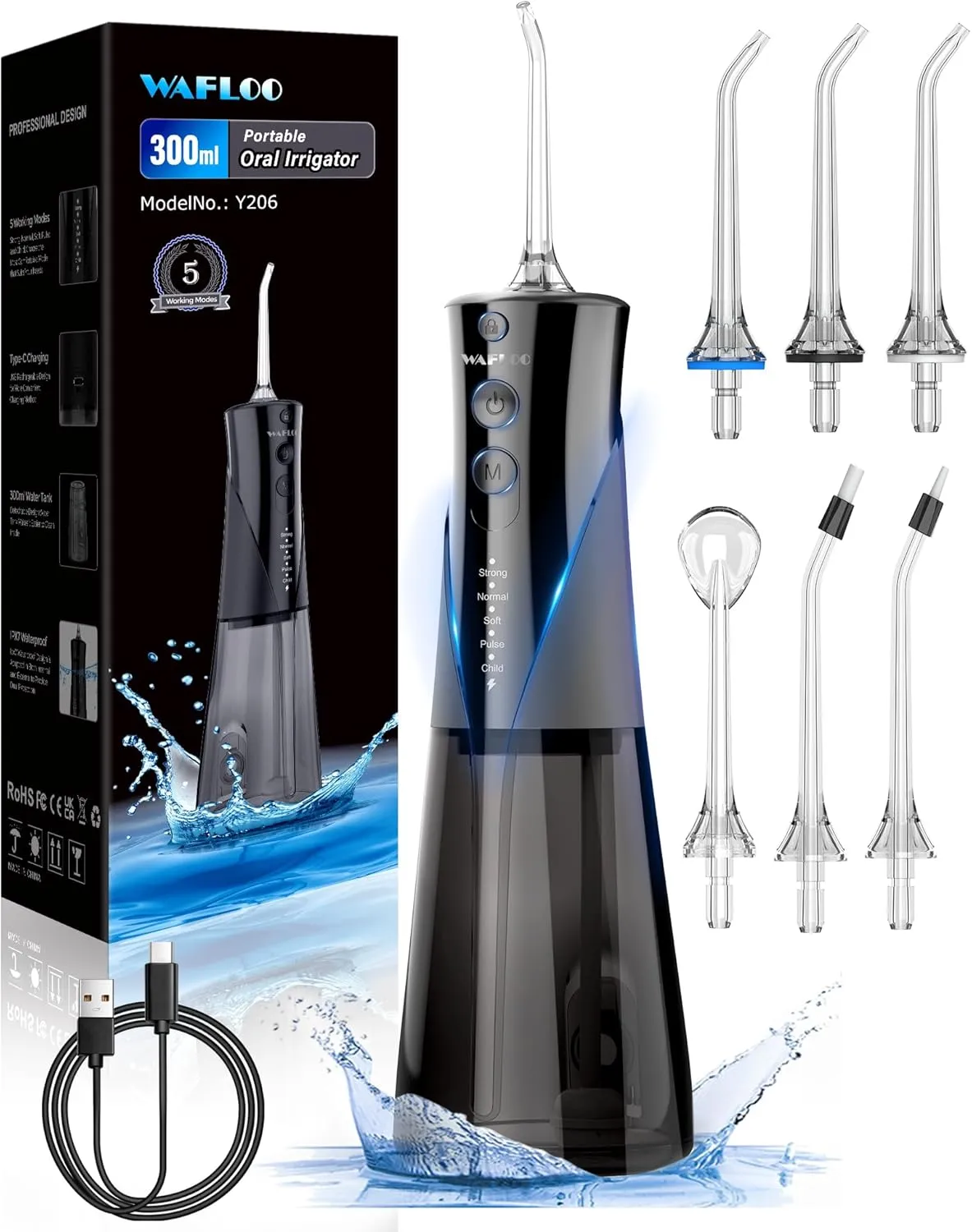 Water Flossers for Teeth - 5 Modes, 6 Flossing Tips, Rechargeable Cordless Portable 300ML Larger Tank Electric Waterflosser Cleaner IPX7 Waterproof Floss Cleaning Teeth Pick for Home Travel