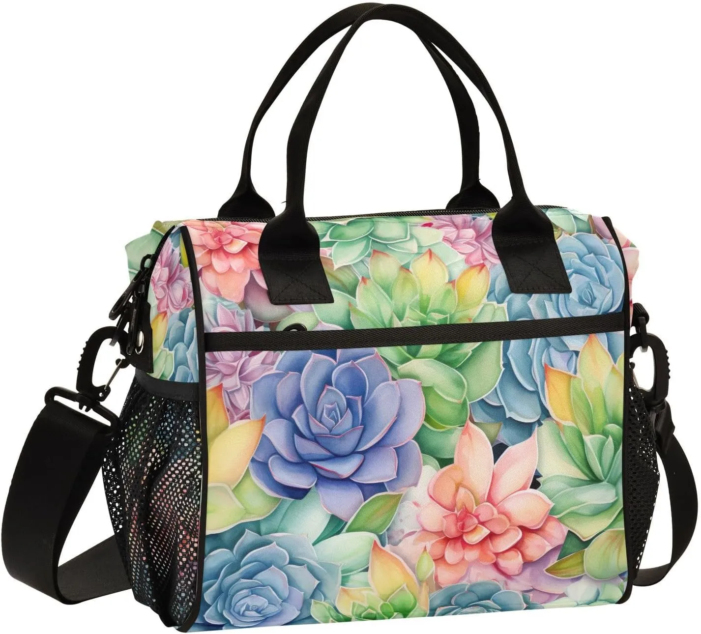 Watercolor Succulent Cactus Insulated Lunch Bag Reusable Lunch Box for Men Women Leakproof Cooler Tote Bag with Adjustable Shoulder Strap Food Handbag for Camping Travel Work Office Picnic