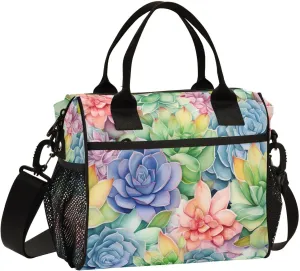 Watercolor Succulent Cactus Insulated Lunch Bag Reusable Lunch Box for Men Women Leakproof Cooler Tote Bag with Adjustable Shoulder Strap Food Handbag for Camping Travel Work Office Picnic