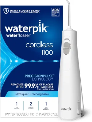 Waterpik Cordless 1100 Rechargeable Portable Water Flosser for Teeth Cleaning and Flossing, Travel, Braces Care, Healthier Gums, Waterproof for Shower, ADA Accepted, WF-30CD White, Packaging May Vary