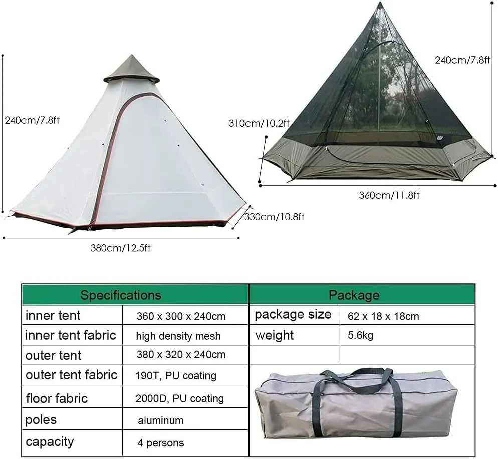 Waterproof Camping Pyramid Teepee Tent Adult Tipi Tent Waterproof Double Layers Indian Tent Yurt Tent Tower Post Bell Tent for Outdoor Family Trip