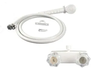 White RV /Mobile Home Shower Faucet with Clear Handles & Includes Hand-Held Shower by WholesalePlumbing